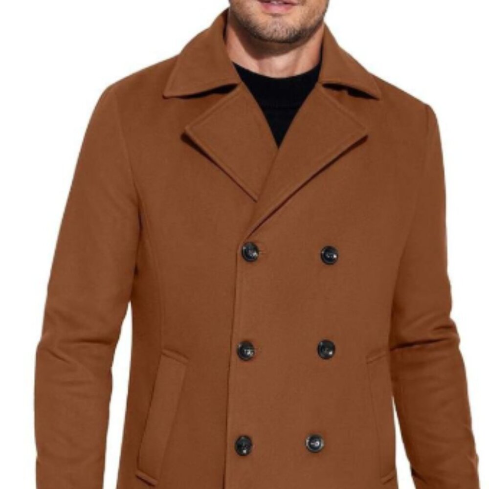 COOFANDY Men's Double Breasted Pea Coat Winter Overcoat Short Brown L New